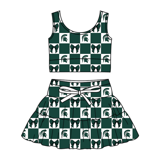 Custom moq 3 or 5 mix size milk silk summer teams baby girl clothes bow dark green sleeveless skirts sets-26.1.21