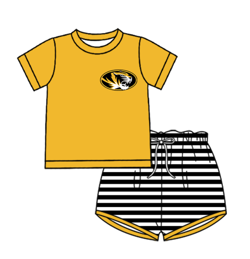 Custom moq 5 mix size milk silk summer teams baby girl boys clothes yellow short sleeve shorts sets and swimsuit and rompers series