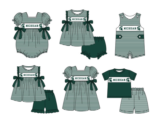 Custom moq 5 mix size milk silk summer teams baby girl boys clothes green short sleeve shorts sets 2 and brief sets and dress and rompers 2 series