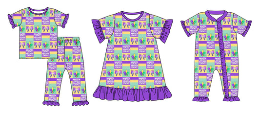 12.3 custom each style moq 5eta 4-6week Sibling Sister mardi gras bow baby girl sets and dress and rompers match family design