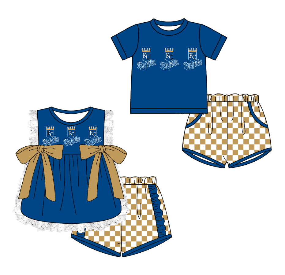 Custom moq 5 mix size milk silk summer teams Blue Girl Sleeveless Top And Plaid Shorts Set with Bow Boy Short Sleeved Top And Plaid Shorts Set