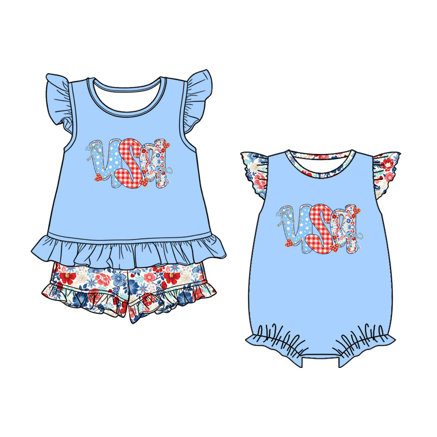 2.27 Custom moq 5 mix size Sibling Blue Baby Girl's 4th of July Flutter-Sleeved Top And Shorts Romper Set Cute Infant Outfit for Girls