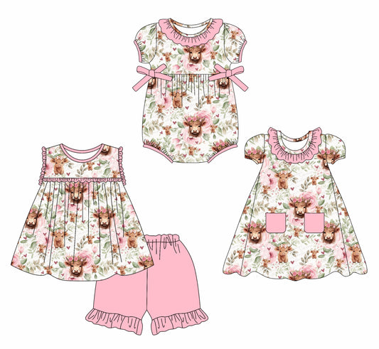 2.15 custom each style moq 5eta 4-6week Sibling Sisters alpine floral baby girl short sleeve shorts sets and dress and rompers match family design