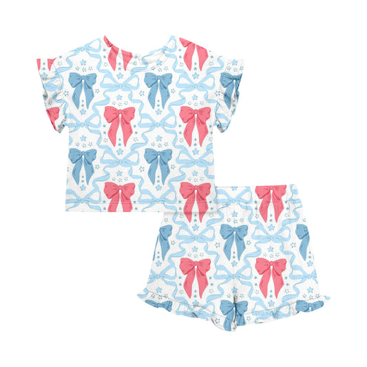 Custom moq 5 mix size Baby Girl's bow Print Short-Sleeved Top And Shorts Set 4th of July Outfit