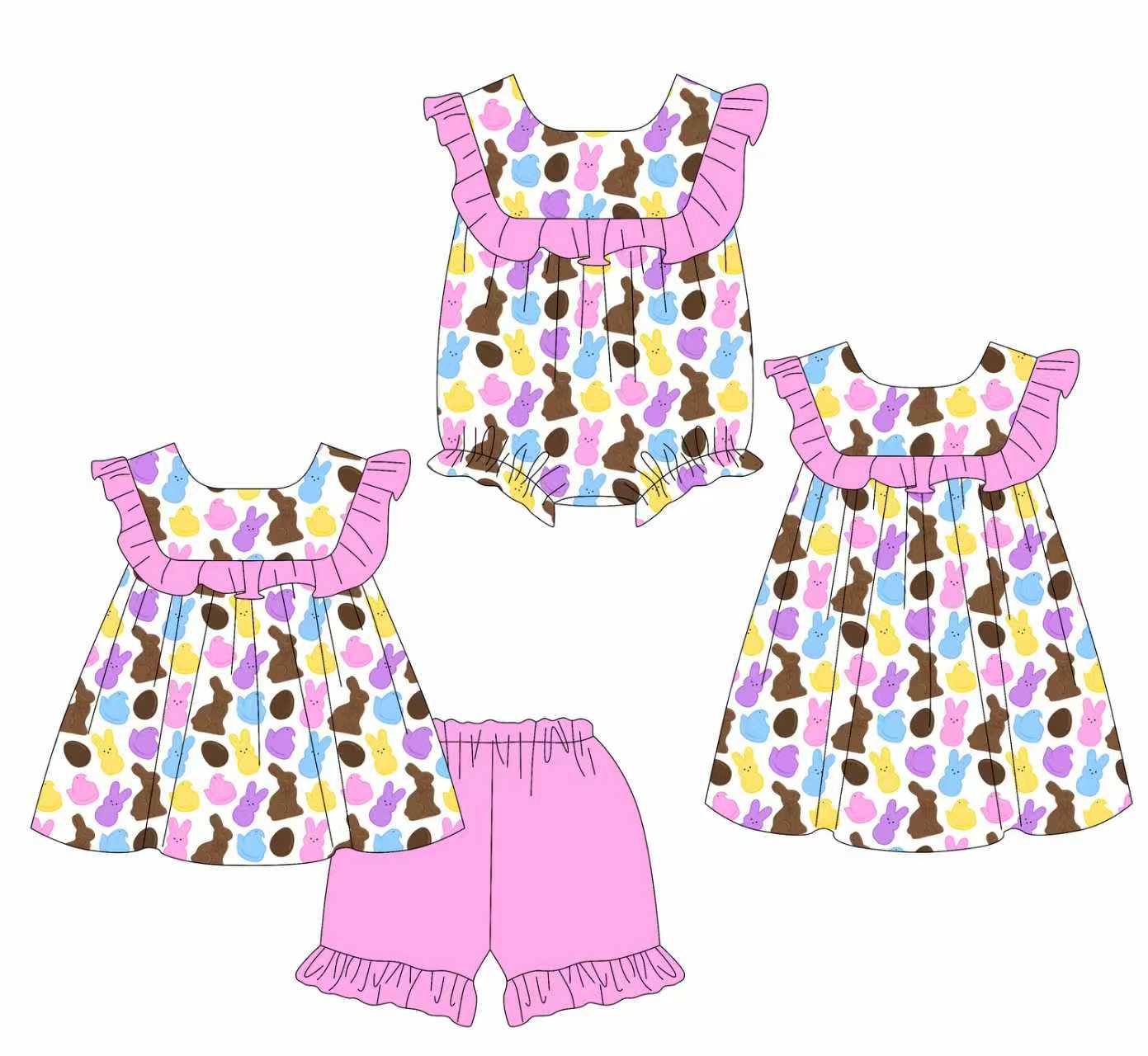 25.11.7 custom each style moq 5 eta 6-8week Sibling Sister bunny baby short sleeve shorts sets and romper and dress match design