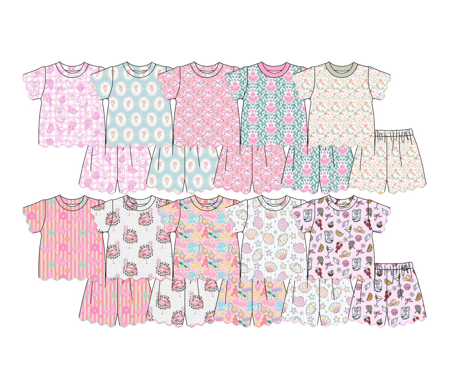 3.11 Custom moq 5 mix size Sibling Kids' Scallop Short-Sleeved Top And Shorts Set Summer Outfits