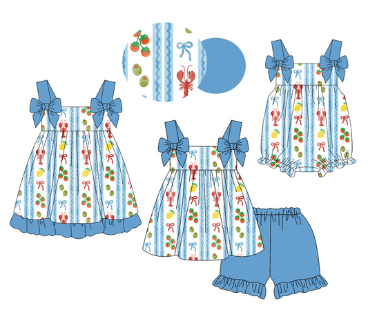 25.12.2 custom each style moq 5 eta 6-8week Sibling Sister lobster bow baby short sleeve shorts sets and romper and dress match design