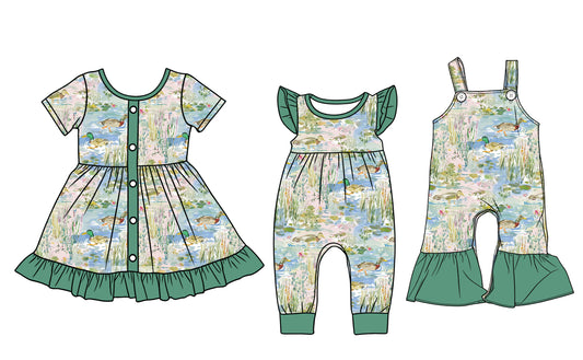 25.12.15 custom each style moq 5 eta 6-8week Sibling Sister duck baby short sleeve romper and dress and jumpsuit match design