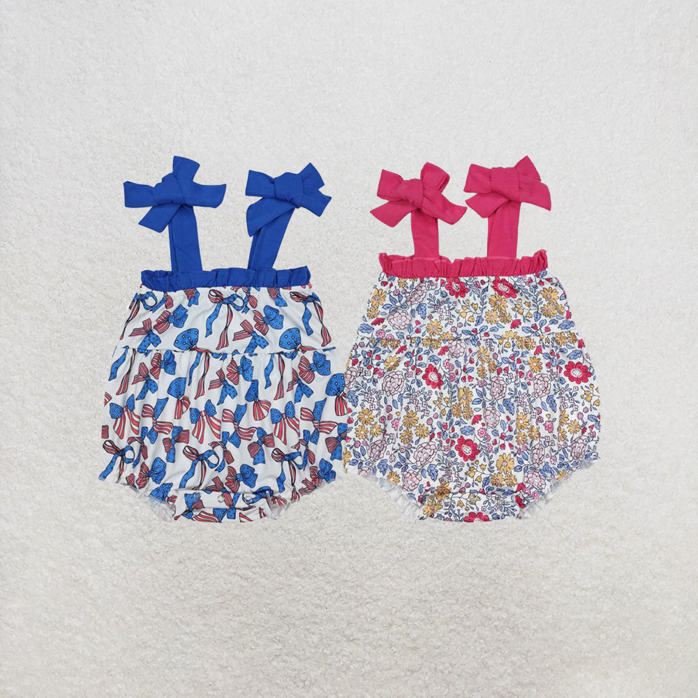 RTS NO MOQ Sibling Baby Girls 4th Of July Bows Straps Rompers