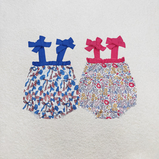 RTS NO MOQ Sibling Baby Girls 4th Of July Bows Straps Rompers