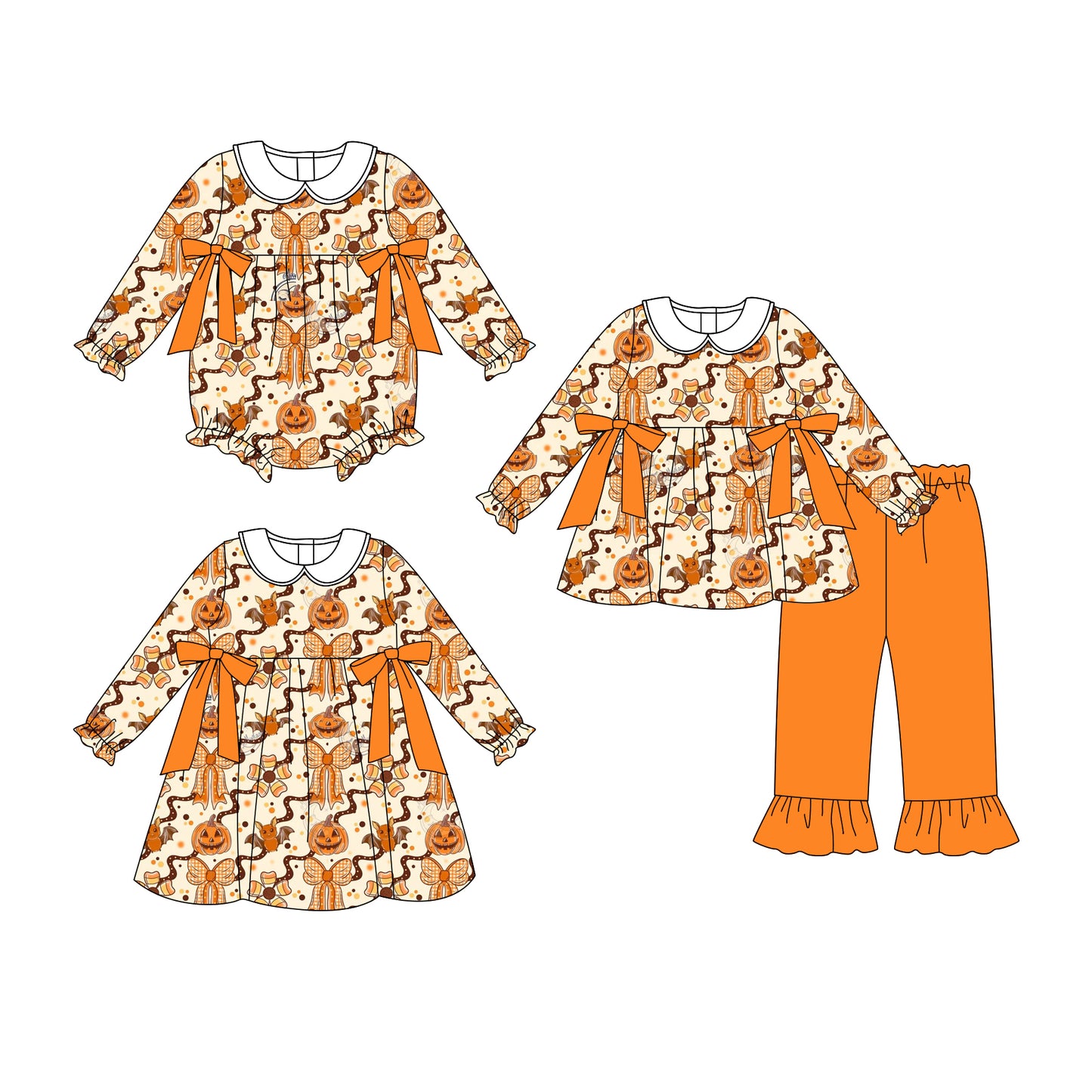 25.8.7 custom each style moq 5eta 4-6week Sibling Sisters halloween bow baby girl long sleeve pants sets and dress and rompers match family design