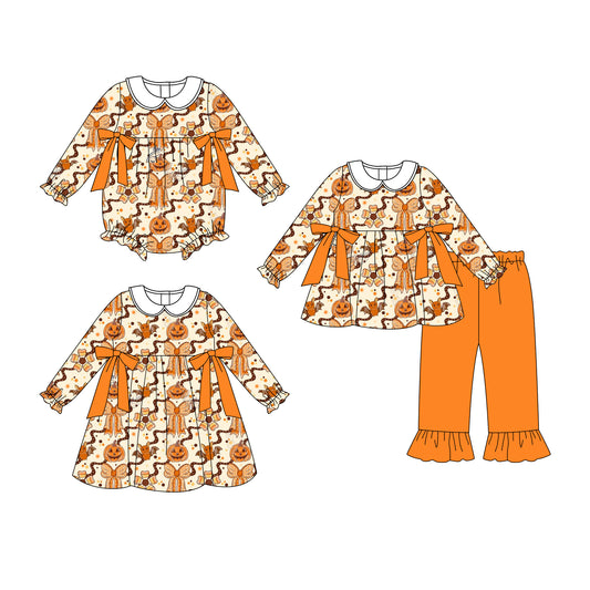 25.8.7 custom each style moq 5eta 4-6week Sibling Sisters halloween bow baby girl long sleeve pants sets and dress and rompers match family design