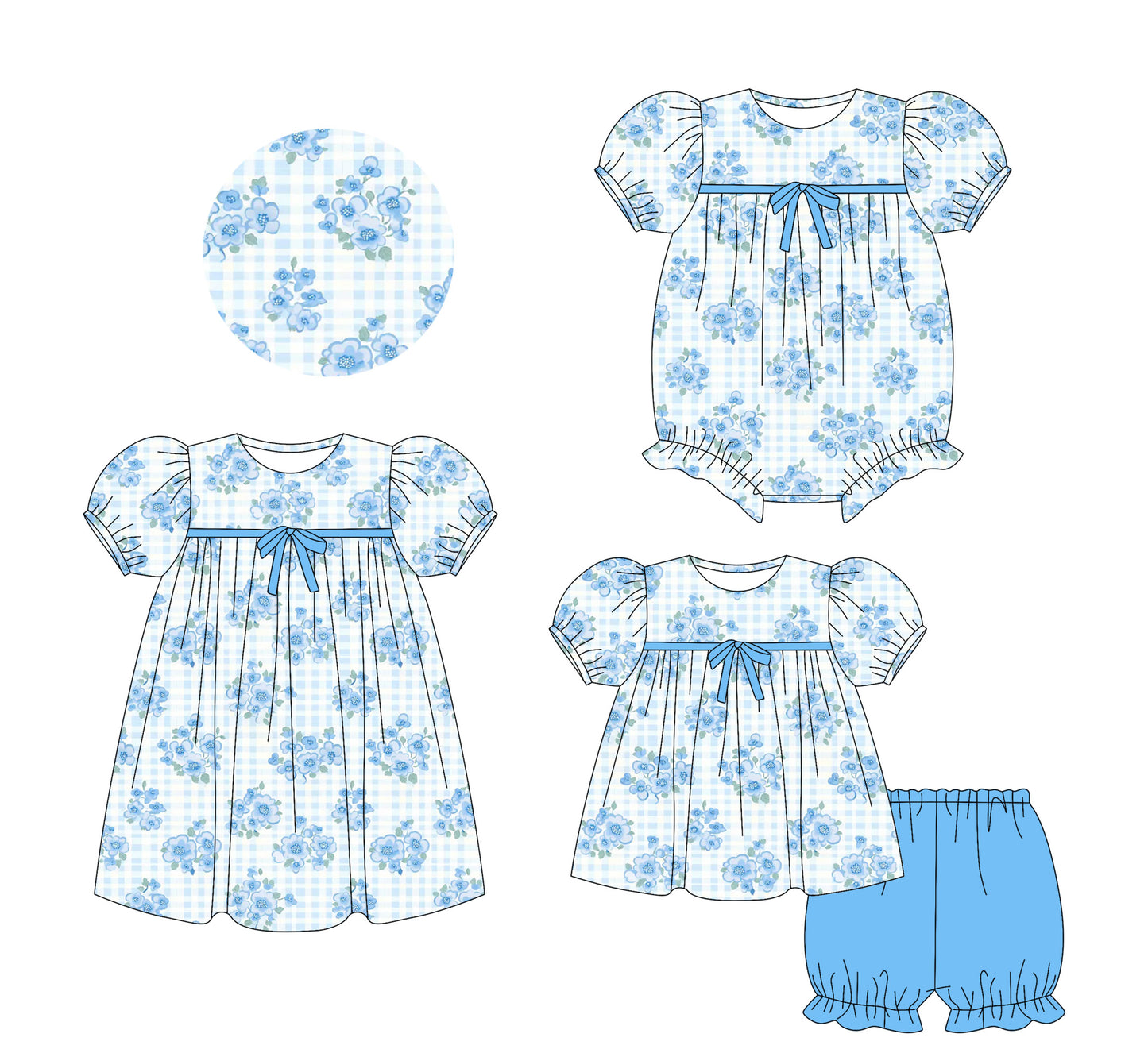 25.5.24 custom each style moq 5eta 4-6week Sibling Sisters floral blue baby girl short sleeve shorts sets and dress and rompers match family design