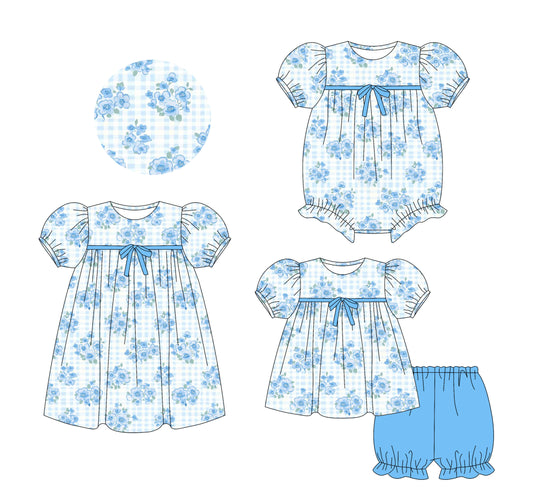 25.5.24 custom each style moq 5eta 4-6week Sibling Sisters floral blue baby girl short sleeve shorts sets and dress and rompers match family design