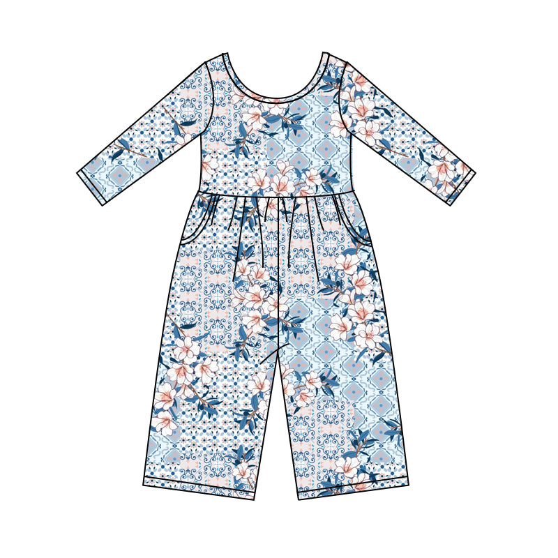 8.29 custom each style moq 5eta 4-6week baby girls clothes floral blue long sleeve baby girls jumpsuit