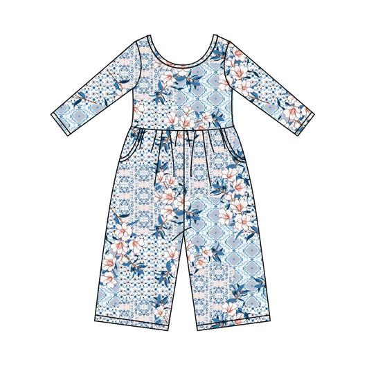 8.29 custom each style moq 5eta 4-6week baby girls clothes floral blue long sleeve baby girls jumpsuit