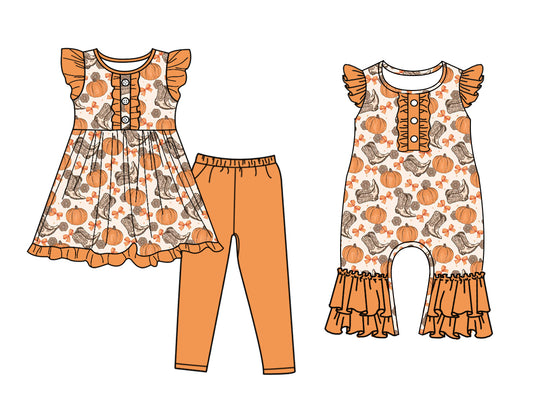 5.6 custom each style moq 5eta 4-6week Sibling Sister boot pumpkin bow baby boy short sleeve pants sets and rompers match family desigm