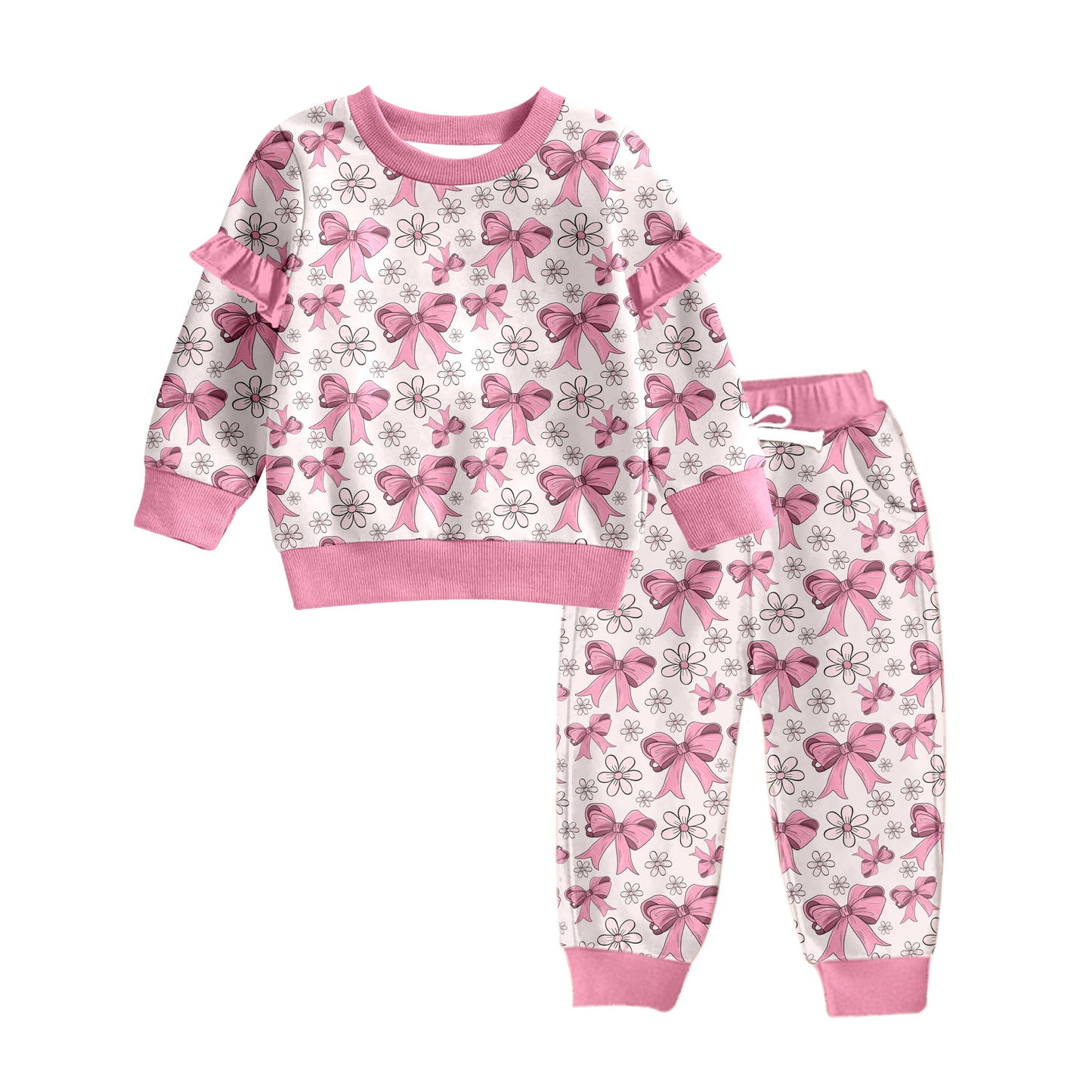 Custom moq 5 each style eta 6-7weeks baby girl clothes bow long sleeve pants sets 8-25.7.29