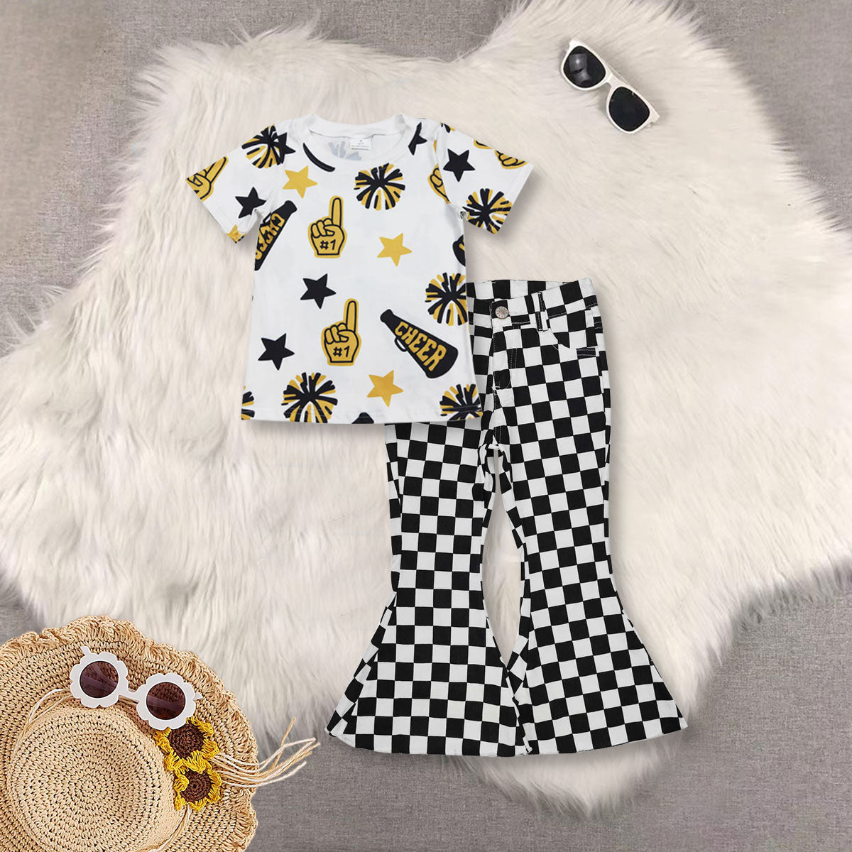 RTS NO MOQ Sibling baby girl clothes cheer short-sleeved top and jeand pants