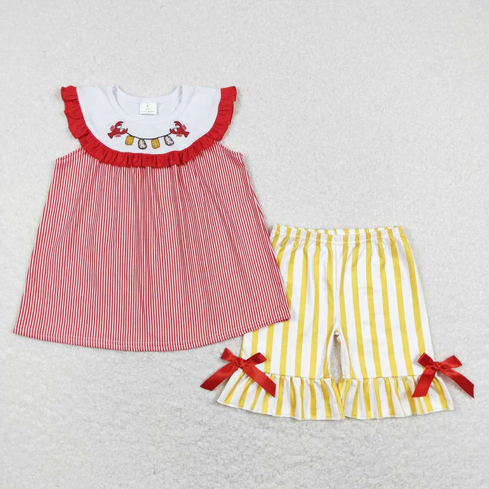 RTS Baby Girls Crawfish Boiled Tops Bows Shorts Romer Sibling Clothes Sets