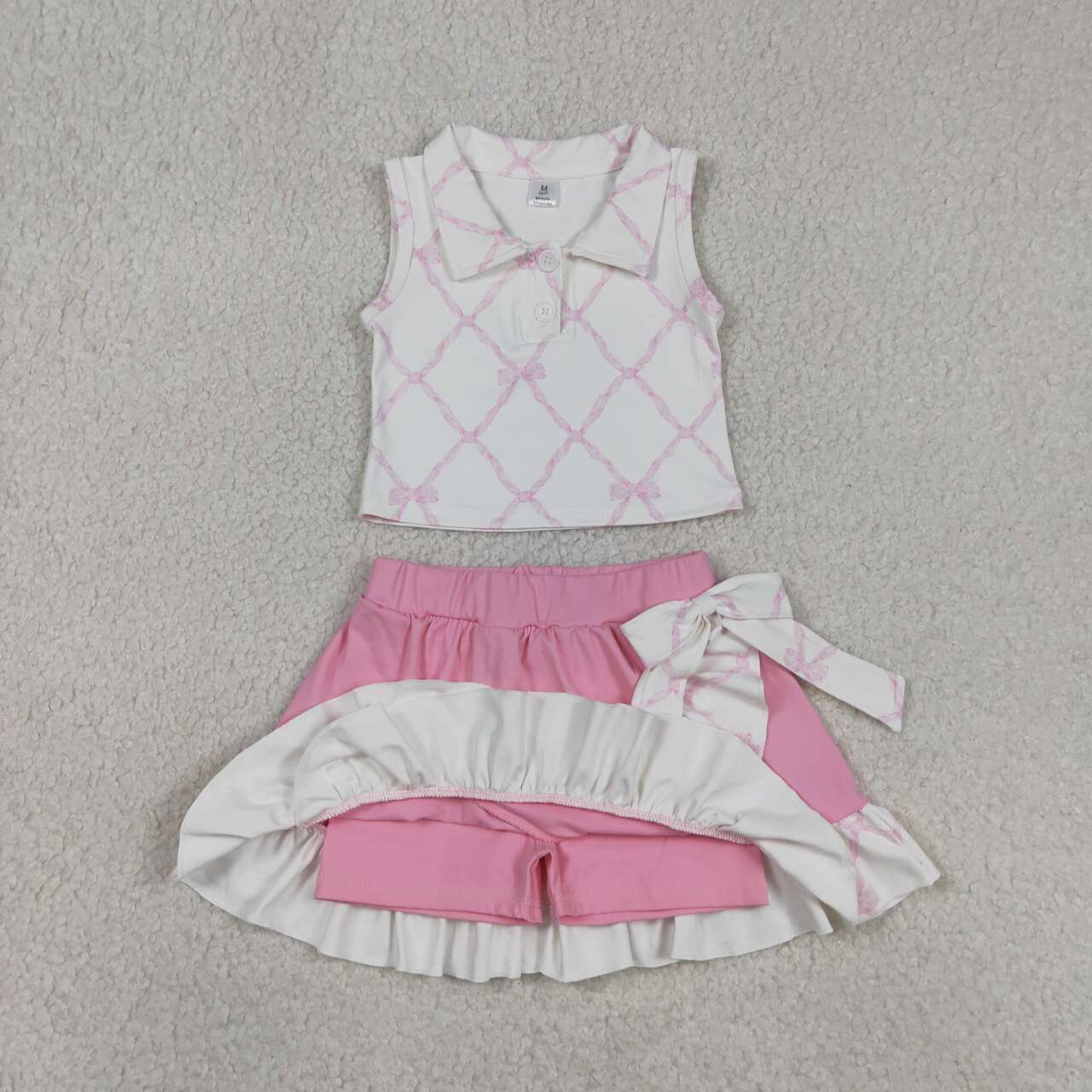 RTS NO MOQ GSD3479 Baby Girls Pink Checked Button Top Ruffle Skirt And Shorts Set with Bows Yoga Clothes for Kids