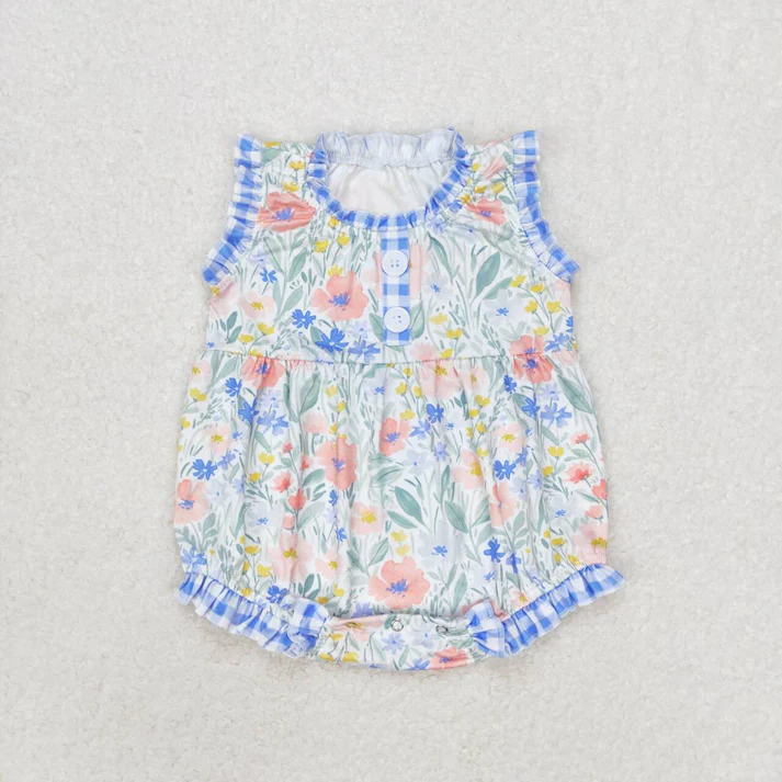 RTS NO MOQ Baby Girls Blue Flowers Checkered Sibling Rompers Dresses Clothes Sets