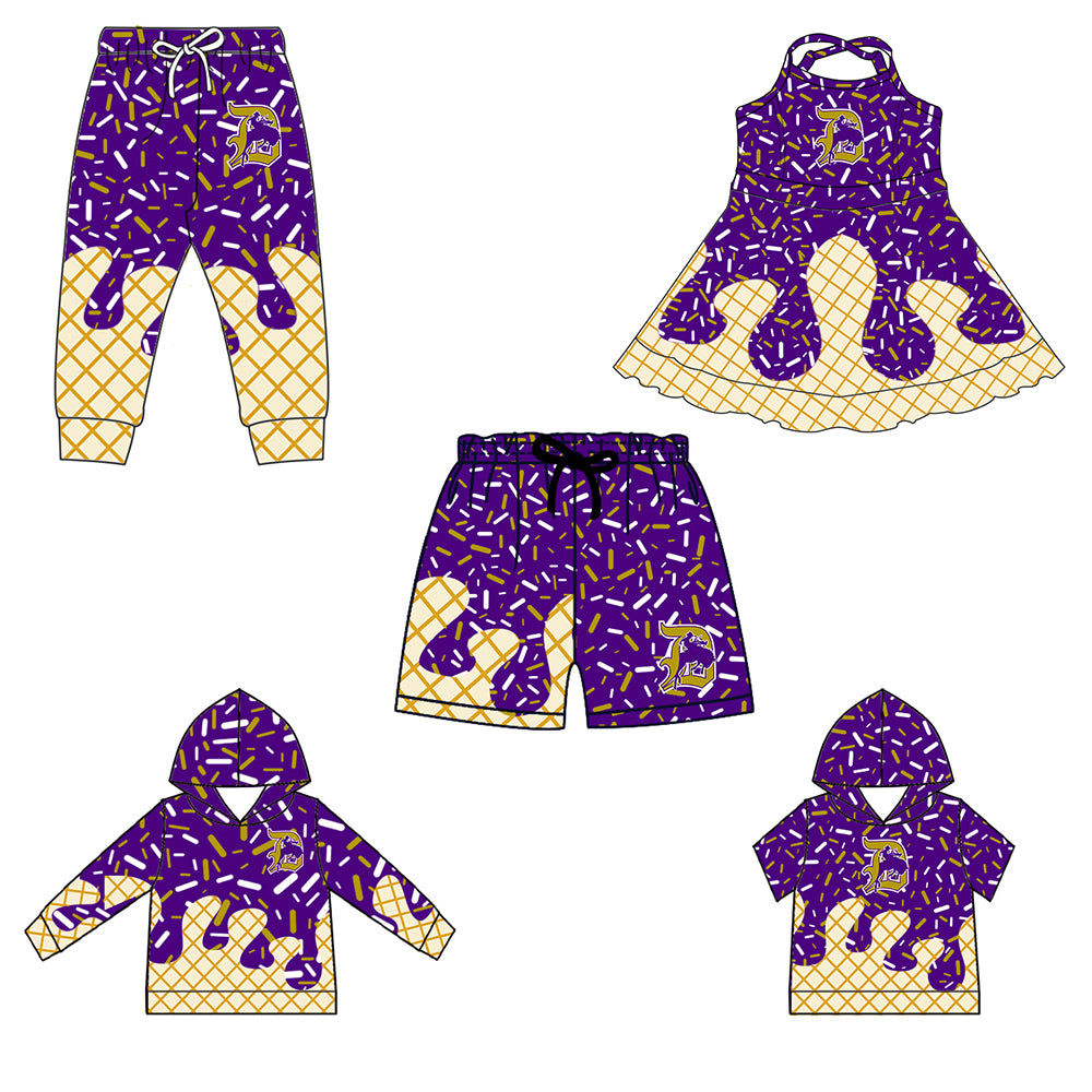 Custom moq 5 mix size milk silk baby girls clothes team purple hooded long sleeve tops and short sleeve top and dress and pants and shorts-25.7.1