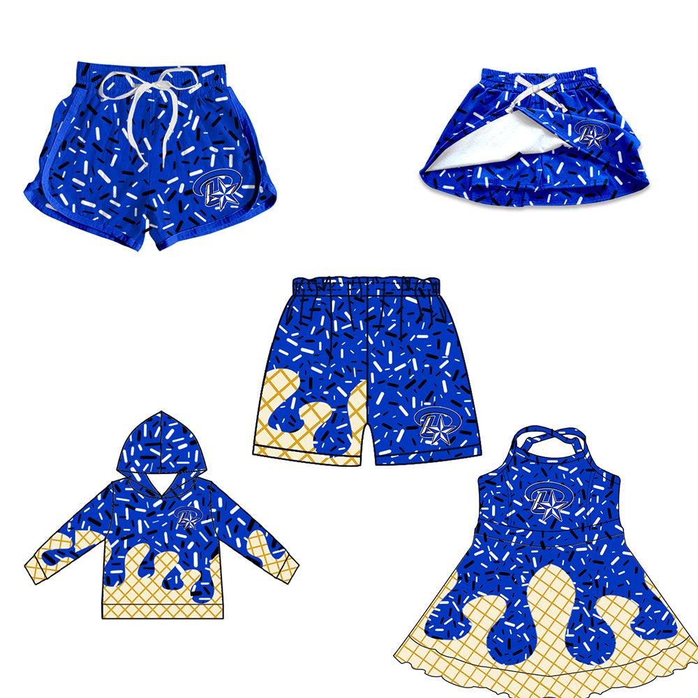 Custom moq 5 mix size milk silk baby girls clothes team blue hooded long sleeve tops and skirt and dress and shorts 1 and shorts 2-25.7.3