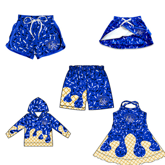 Custom moq 5 mix size milk silk baby girls clothes team blue hooded long sleeve tops and skirt and dress and shorts 1 and shorts 2-25.7.3