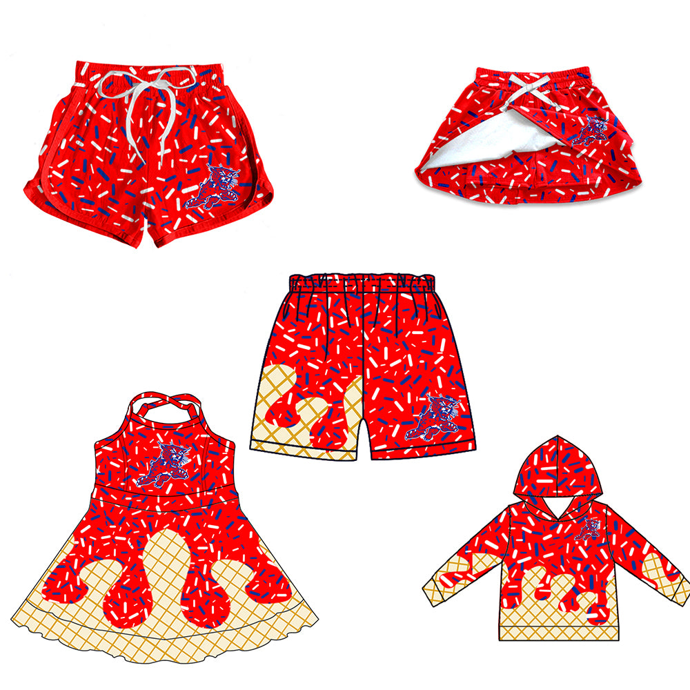 Custom moq 5 mix size milk silk baby girls clothes team red hooded long sleeve tops and skirt and dress and shorts 1 and shorts 2-25.7.2