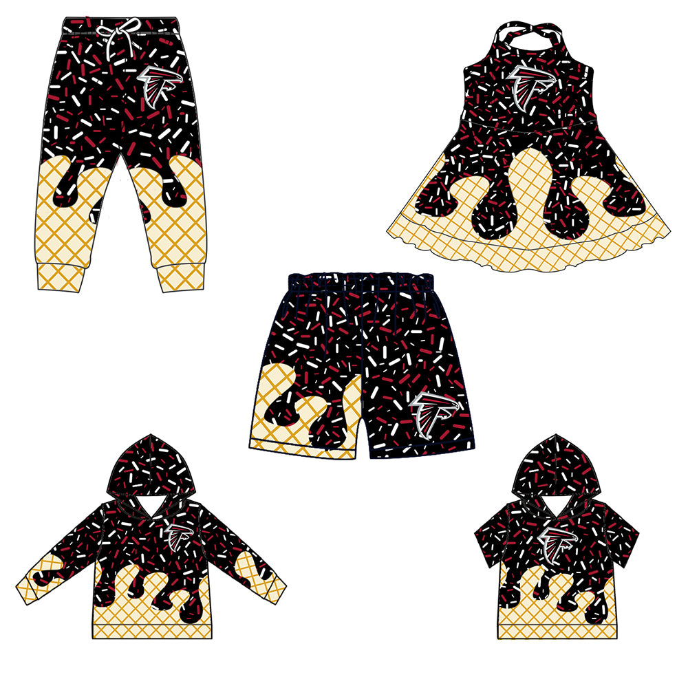 Custom summer teams baby girls clothes team black hooded long sleeve tops and short sleeve top and dress and pants and shorts-25.6.18