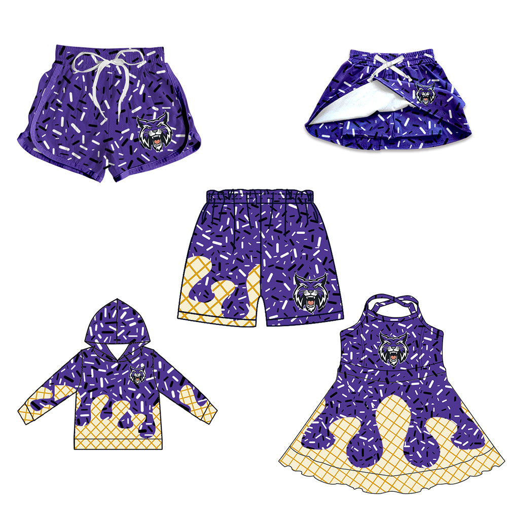 Custom moq 5 mix size milk silk baby girls clothes team purple hooded long sleeve tops and skirt and dress and shorts 1 and shorts 2-25.7.4