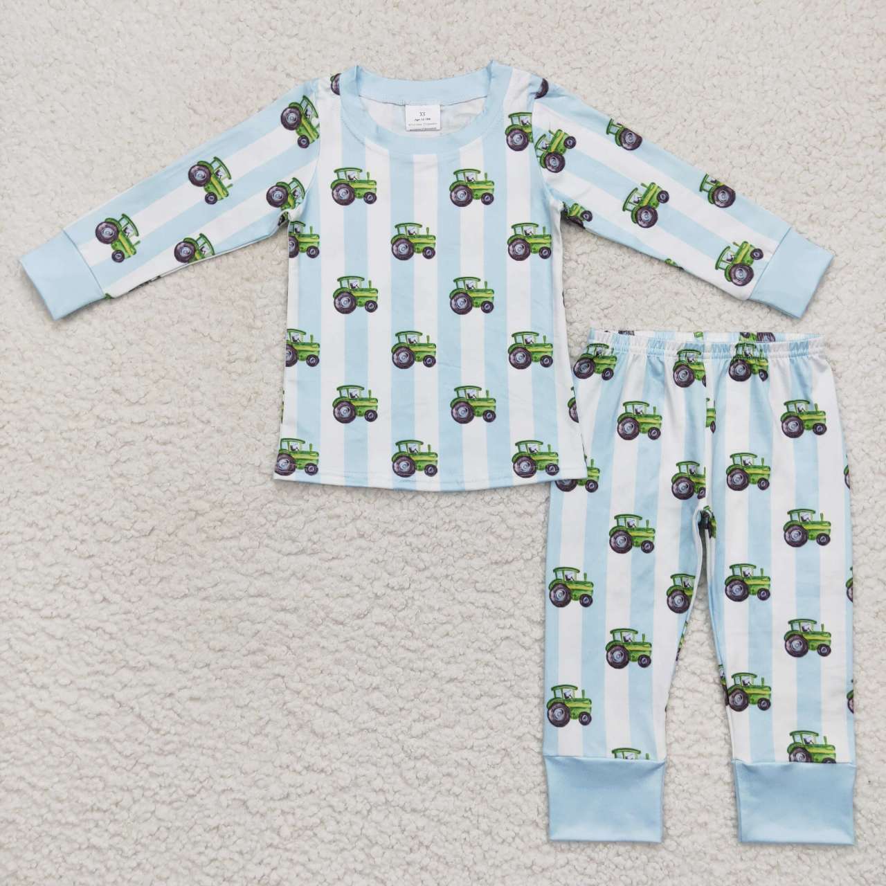 RTS NO MOQ（In Stock) Green tractor blue and white striped long-sleeved trousers suit