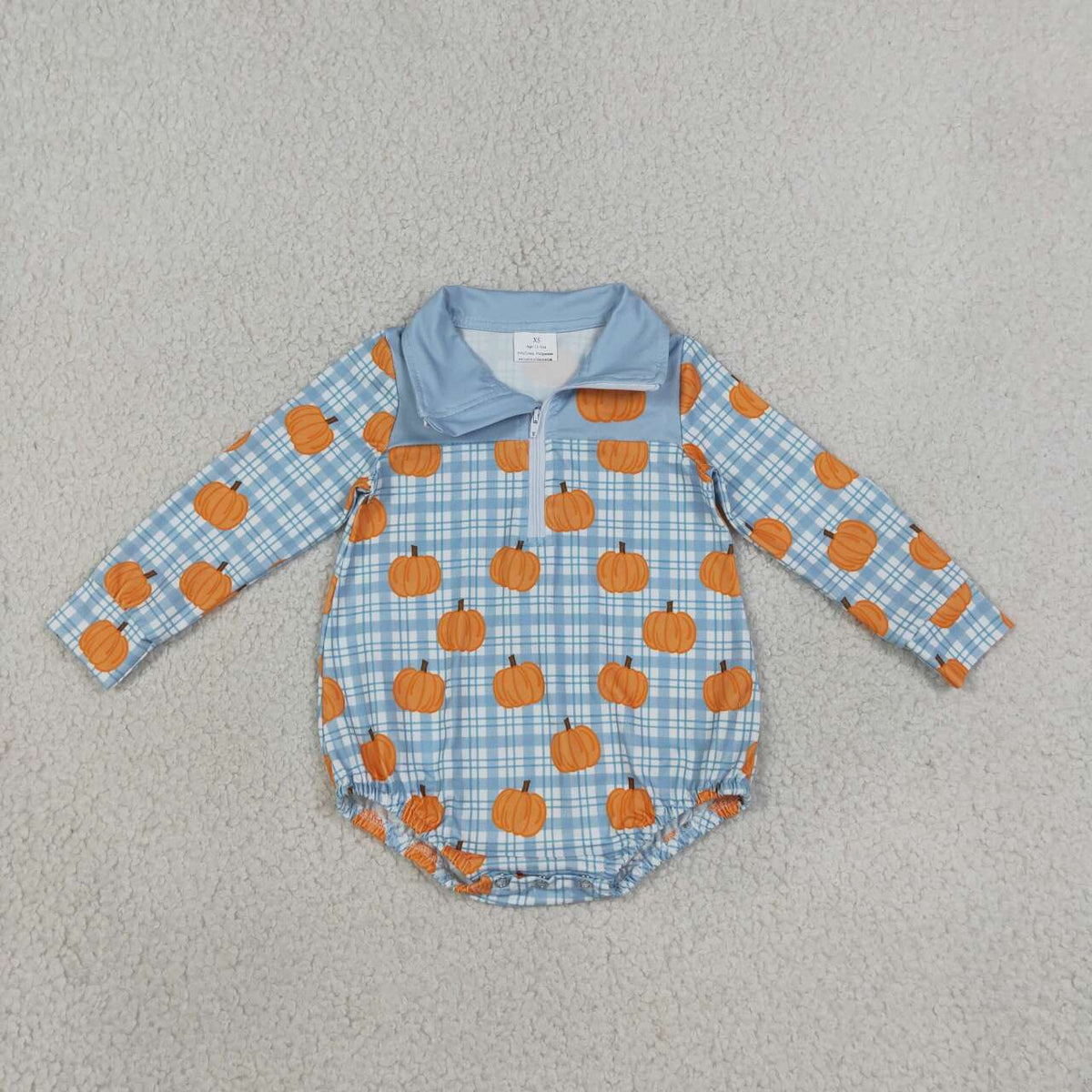 NEW RTS NO MOQ milk silk LR3201 Baby Boys Blue Checked Pumpkins Fall Zip Long Sleeve Cute Rompers