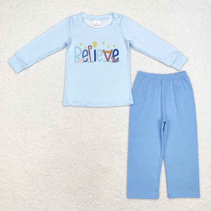 RTS NO MOQ Baby Girls Boys Sibling Christmas Believe Top Pants Clothes Sets