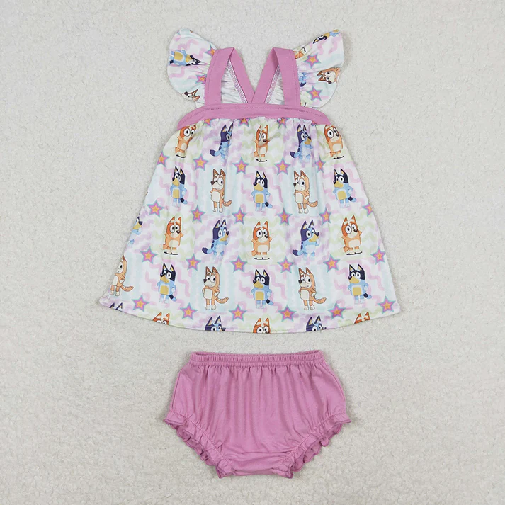 RTS Baby Girls Colorful Dogs Sibling Rompers Bummie Dresses pink color sets with romper match