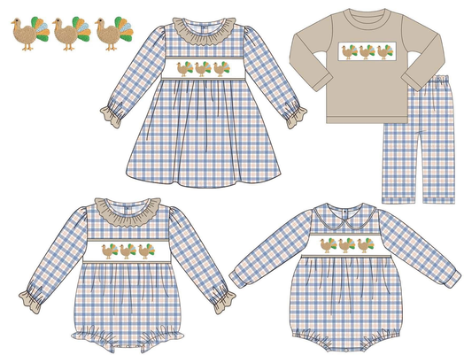 (Preorder new) No moq Baby Boys Girls Plaid Long Sleeve Trousers Two Piece Set Matching Long Sleeve Romper Dress