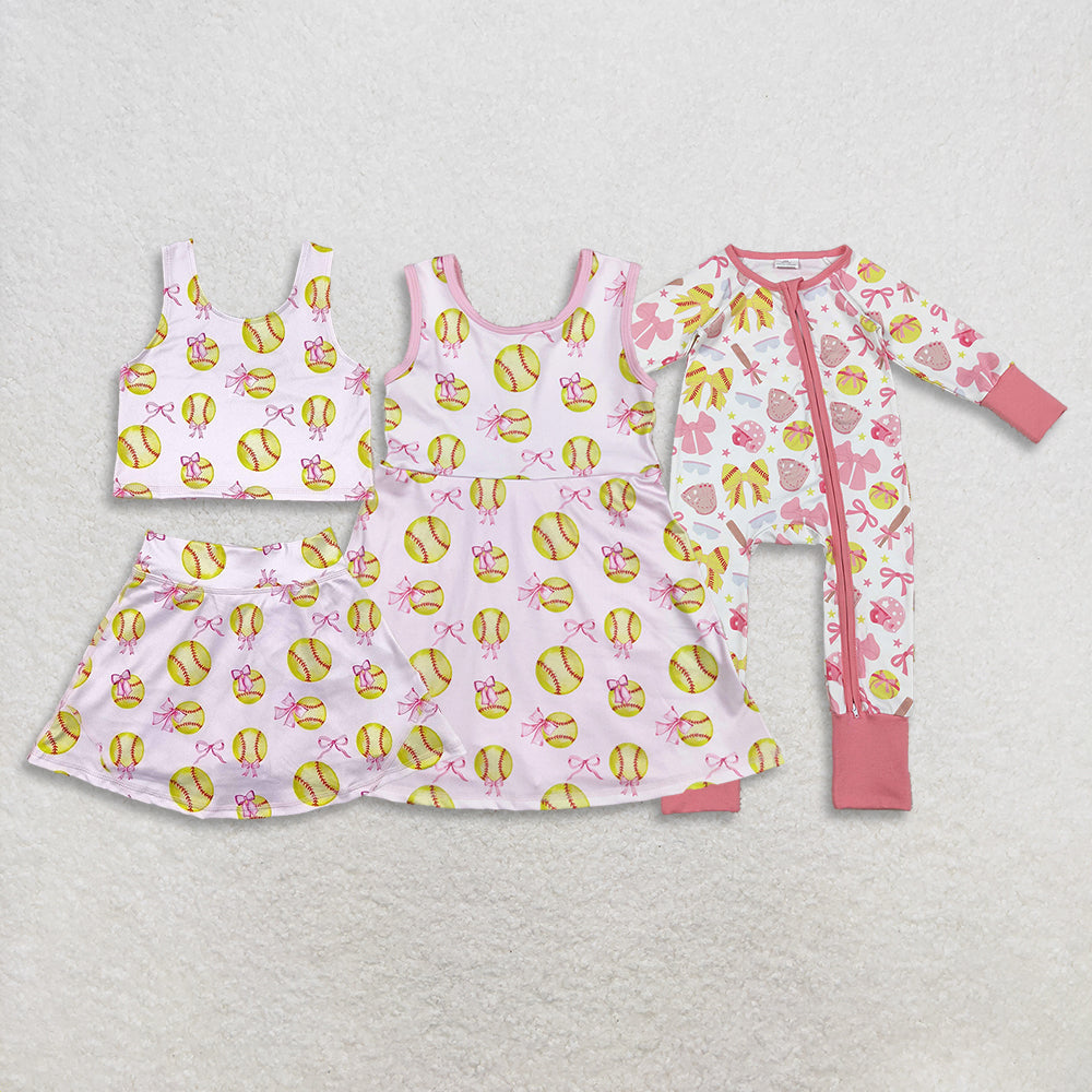 RTS NO MOQ Sibling baby girl clothes baseball sleeveless skirt yoga set and yoga dress and romper