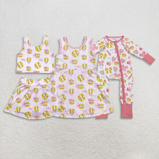 RTS NO MOQ Sibling baby girl clothes baseball sleeveless skirt yoga set and yoga dress and romper