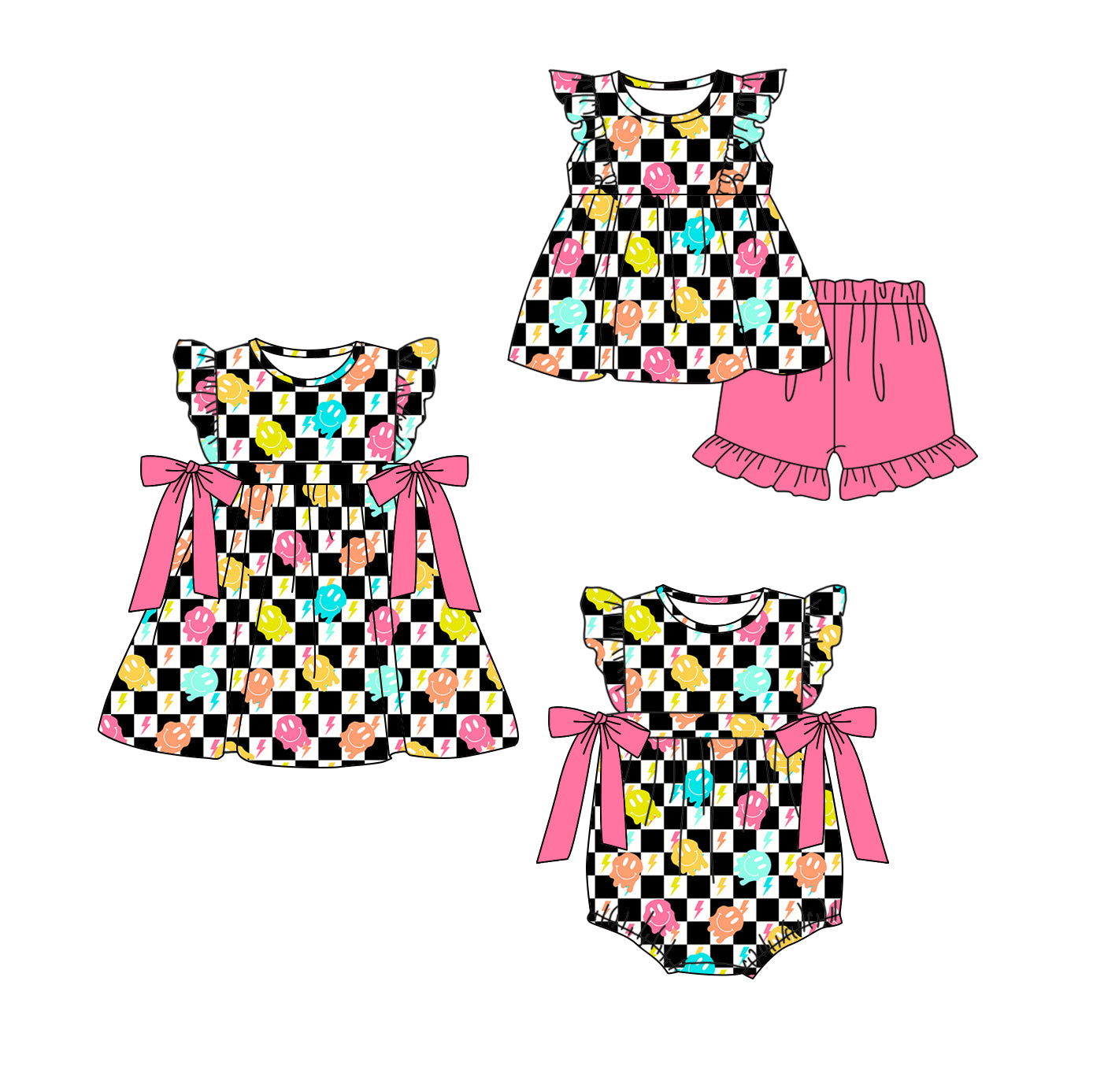 12.30 custom each style moq 5eta 4-6week Sibling Sistes smiley baby girl short sleeve shorts sets and dress and rompers match family design