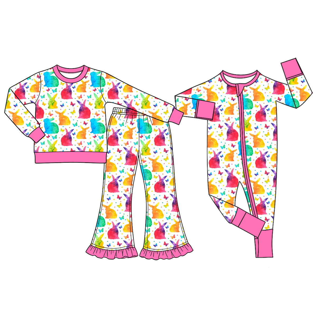 (Preorder new) No moq Baby Girls Rainbow Watercolor Bunny Print Long Sleeve Pants Zipper Romper Set