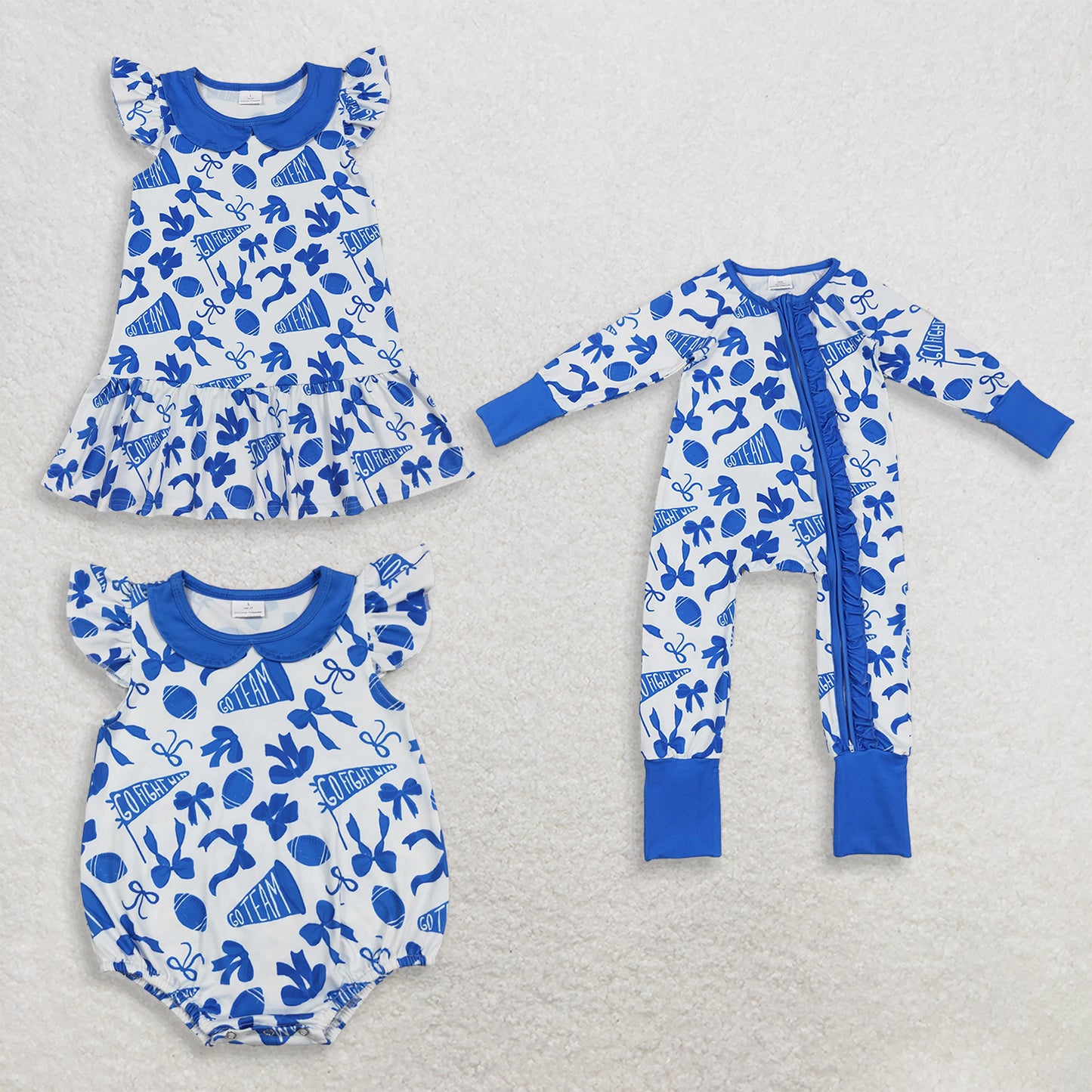 RTS NO MOQ Sibling milk silk Baby Girls Cute Flutter Sleeves Blue Cheer Bows Team Ruffle Dresses Rompers