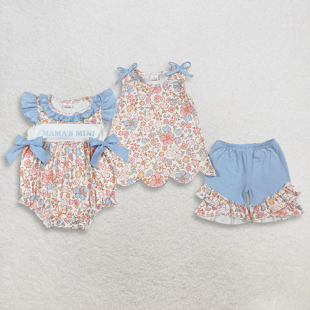 RTS NO MOQ Sibling Baby Girls Sleeveless Colorful Flowers Scallop Tunic Ruffle Shorts Outfit Set Cute Rompers