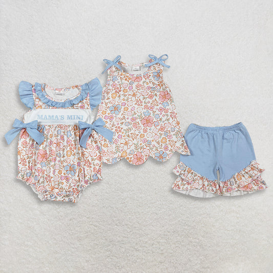 RTS NO MOQ Sibling Baby Girls Sleeveless Colorful Flowers Scallop Tunic Ruffle Shorts Outfit Set Cute Rompers