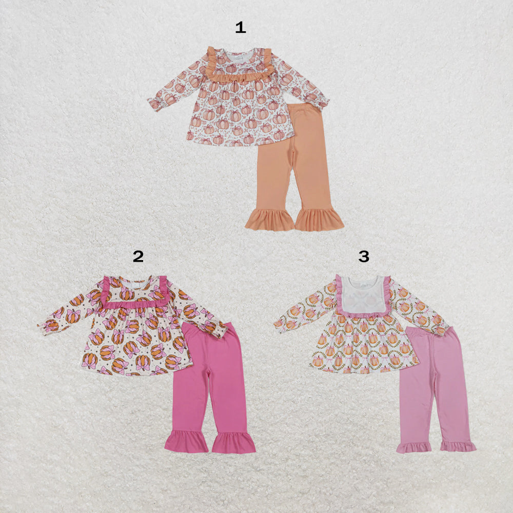 RTS NO MOQ Sibling milk silk Baby Girls Fall Bow Pumpkins Print Loose Tunic Top Ruffle Hem Pants Two Piece Clothes Sets
