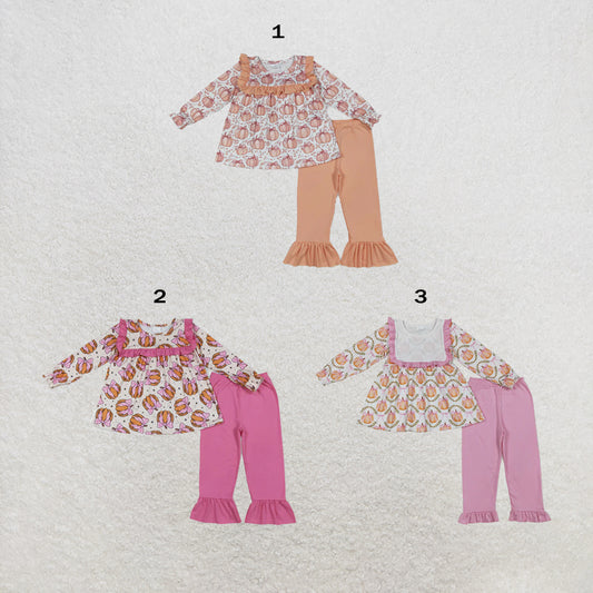 RTS NO MOQ Sibling milk silk Baby Girls Fall Bow Pumpkins Print Loose Tunic Top Ruffle Hem Pants Two Piece Clothes Sets