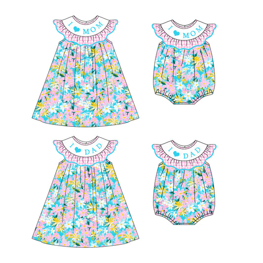 4.22 custom each style moq 5eta 4-6week Sibling Sisters I LOVE MOM DAD floral girl short sleeve dress and rompers match family design