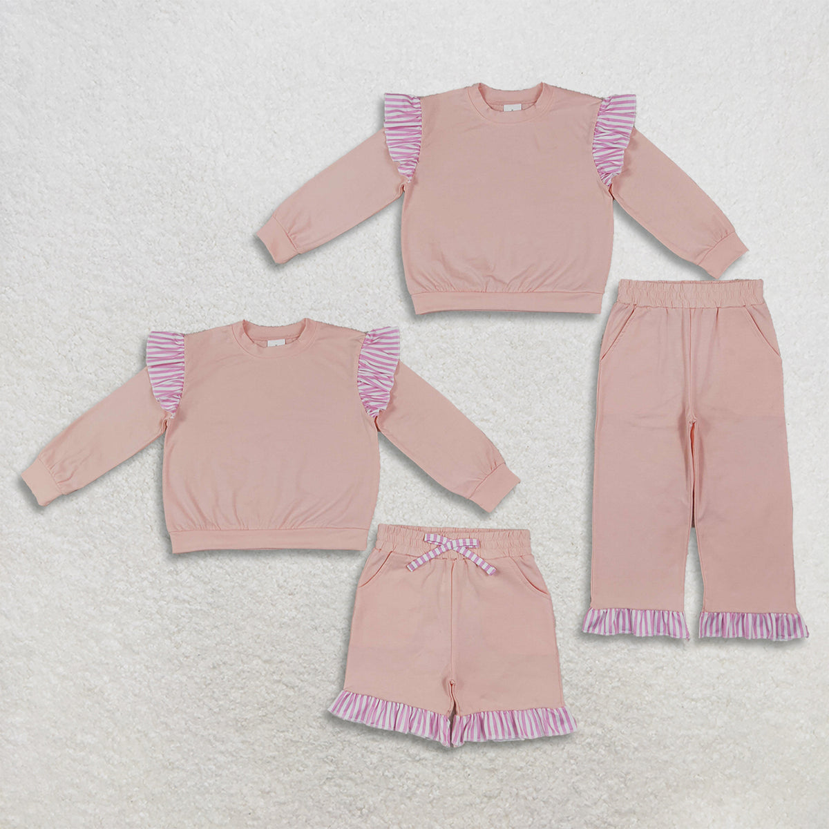 RTS NO MOQ Sibling milk silk Baby Girls Solid Peach Stripe Ruffle Long Sleeve Top Pant Short Set