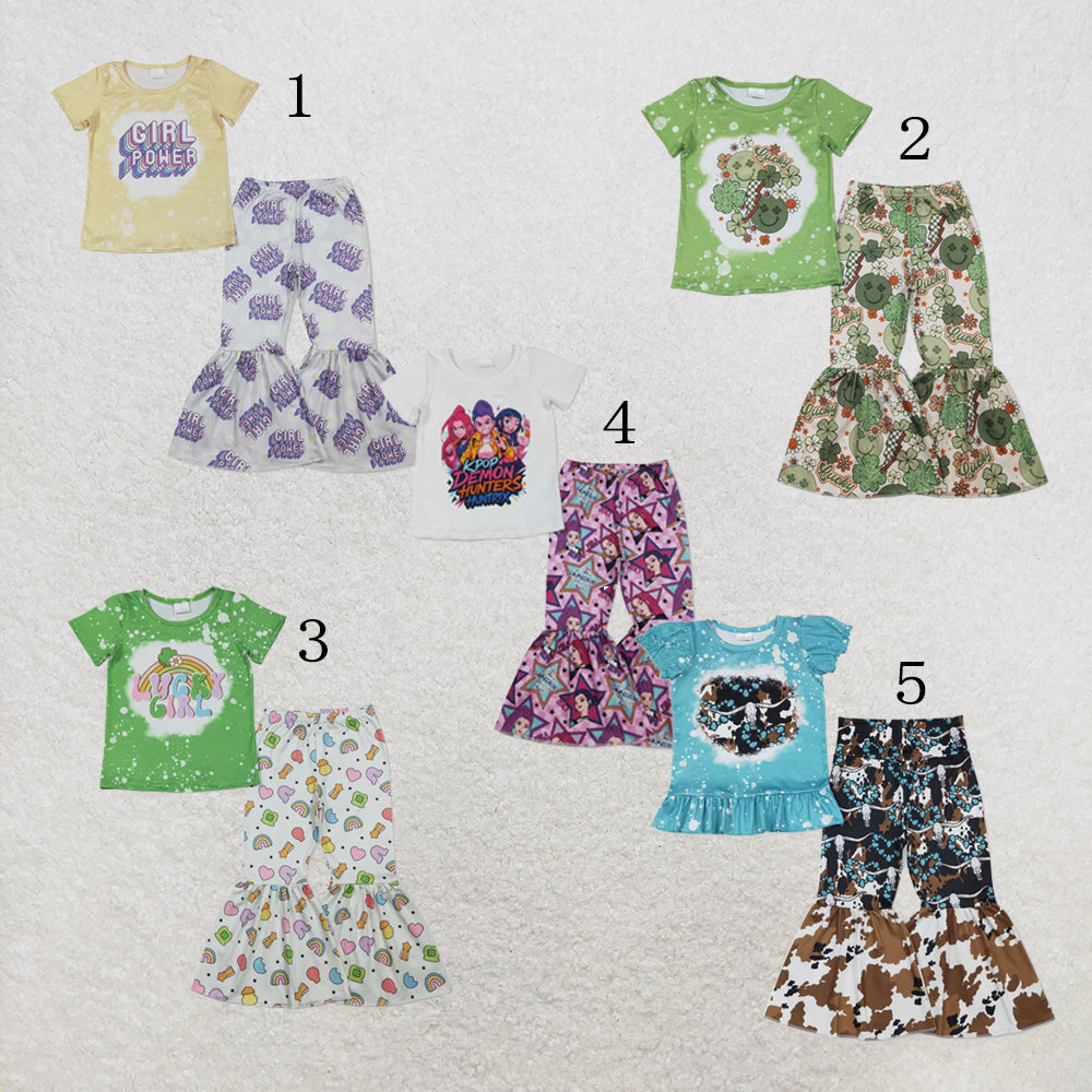 RTS NO MOQ Sibling Baby Girl Short Sleeve Shirt Top Bell Bottom Pants Clothes Sets