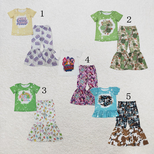 RTS NO MOQ Sibling Baby Girl Short Sleeve Shirt Top Bell Bottom Pants Clothes Sets